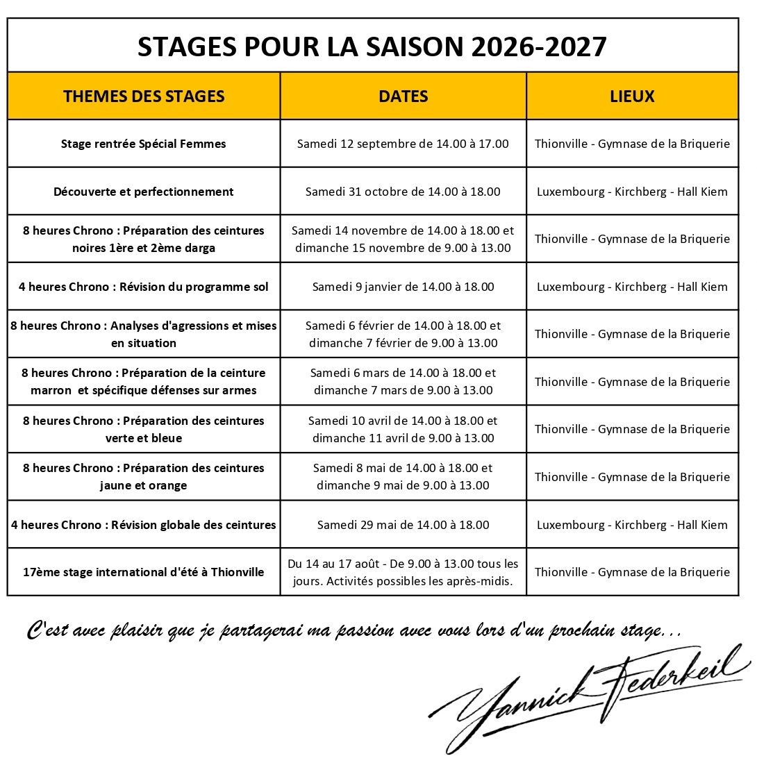 Stages pour la Saison 2026-2027